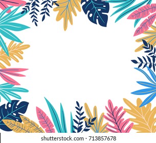 Tropical leaves. Vector frame in scandinavian style. Hand drawn background. Poster in orange, pink and blue colors with place for text.