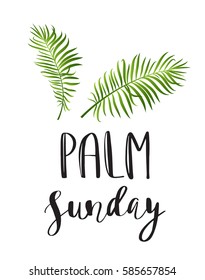 Tropical leaves vector icon. Vector illustration for the Christian holiday Palm Sunday. Lettering quote and two  branches.