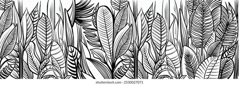Tropical leaves vector illustration. Monochrome abstract hand-drawing vector illustration.
