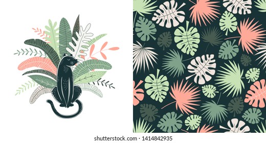 Tropical leaves vector pattern. Panther hand drawn illustration. Decorative textile, wallpaper, wrapping paper design. Monstera, palm leaf. Wild animal t-shirt print