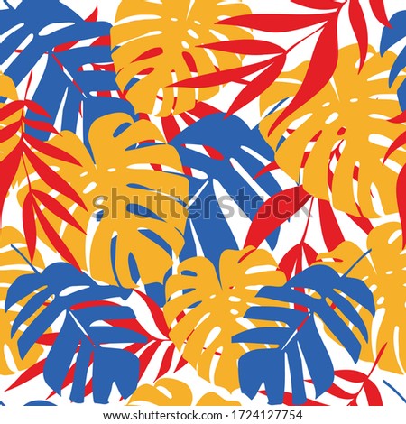 Tropical leaves vector pattern. Repeatable seamless pattern with jungle plants - monstera and palm leaves. Ornate for fabric, textile, backgrounds, wrapping paper.