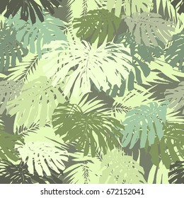 Tropical leaves vector pattern repeating. Foliage trend green colour leaf exotic plants seamless. Artistic clothes collage for floral print. Realistic leaves monstera repeat template background.