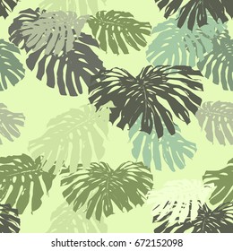 Tropical leaves vector pattern repeating. Foliage trend green colour leaf exotic plants seamless. Artistic clothes collage for floral print. Realistic leaves monstera repeat template background.