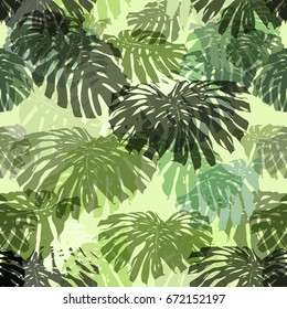 Tropical leaves vector pattern repeating. Foliage trend green colour leaf exotic plants seamless. Artistic clothes collage for floral print. Realistic leaves monstera repeat template background.