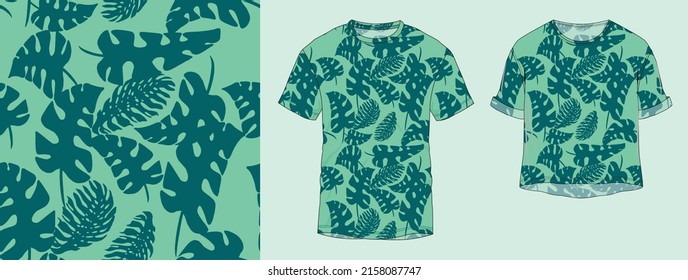 tropical leaves vector pattern, seamless pattern, all over print t shirt, printed men's tee, printed women's tee