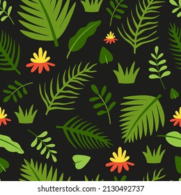 Tropical leaves in vector seamless pattern. Cute wallpaper with exotic floral ornament on black background