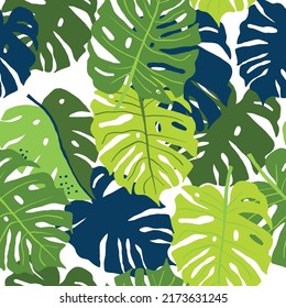 Tropical leaves vector seamless pattern on white. Monstera leaves pattern