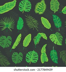 Hojas tropicales vectoriales sin soldadura en fondo oscuro