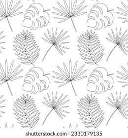Tropical leaves vector seamless pattern. Hand drawn monstera leaf and chamaerops on white background