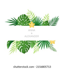 Hojas tropicales. Tarjeta de verano vectorial con hojas exóticas, plantas de selva con palma, monstera, flores plumerias, calateo, filódendros. Colección decorativa botánica de naturaleza para invitación, boda