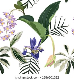 Tropical leaves with violet flowers. Seamless design with amazing Medinilla palant with flowers. Fashion, interior, wrapping, packaging suitable. Realistic branch on white background.