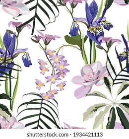 Tropical leaves with violet flowers. Seamless design with amazing  palant with flowers. Fashion, interior, wrapping, packaging suitable. Realistic branch on white background.