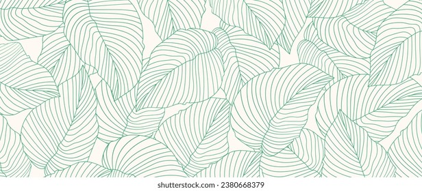 Papel tapiz de hojas tropicales, diseño lujoso de hojas de naturaleza botánica, fondo vectorial con líneas de hojas verdes. Dibujado a mano, adecuado para el diseño de tela, impresión, cubierta, banner e invitaciones.	