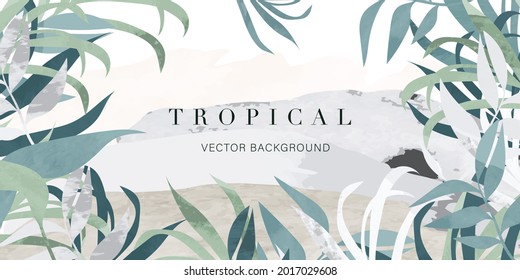 tropical leaves watercolor background vector. Luxury wallpaper with tropical leaf framed, mountain, palm leaf, flower,Vivid foliage, exotic green and gold brush glitter.