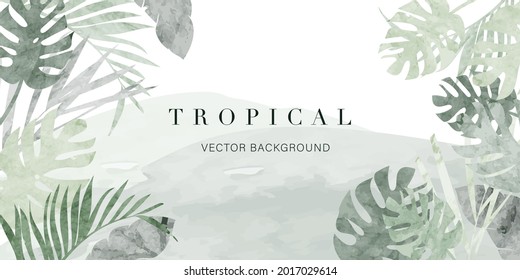 tropical leaves watercolor background vector. Luxury wallpaper with tropical leaf framed, mountain, palm leaf, flower,Vivid foliage, exotic green and gold brush glitter.