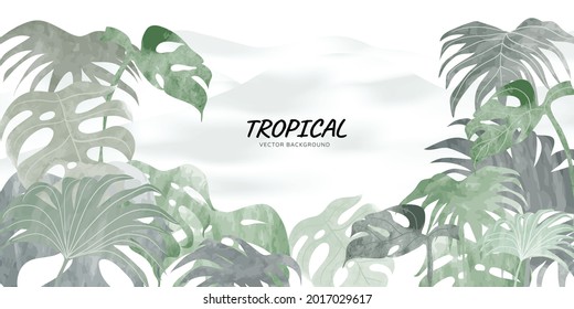 tropical leaves watercolor background vector. Luxury wallpaper with tropical leaf framed, mountain, palm leaf, flower,Vivid foliage, exotic green and gold brush glitter.