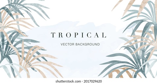 tropical leaves watercolor background vector. Luxury wallpaper with tropical leaf framed, mountain, palm leaf, flower,Vivid foliage, exotic green and gold brush glitter.