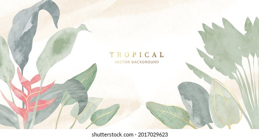 tropical leaves watercolor background vector. Luxury wallpaper with tropical leaf framed, mountain, palm leaf, flower,Vivid foliage, exotic green and gold brush glitter.