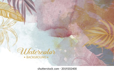 tropical leaves watercolor background vector. Luxury wallpaper with tropical leaf framed palm leaf flower. Vivid foliage with exotic green and gold brush glitter.