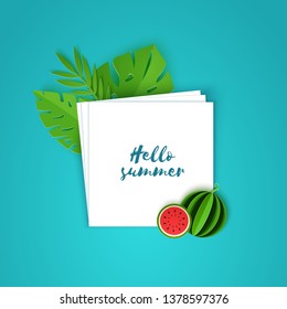 Tropical leaves and watermelon on note paper. Vector card illustration of plants and fruits in paper cut style. Several white sheets lying on top of each other with space for text.