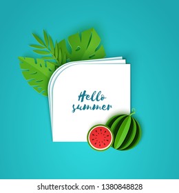 Tropical leaves and watermelon on note paper. Vector card illustration of plants and fruits in paper cut style. Several white sheets lying on top of each other with space for text