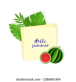 Tropical leaves and watermelon on note paper. Vector card illustration of plants and fruits in paper cut style. Several white sheets lying on top of each other with space for text.