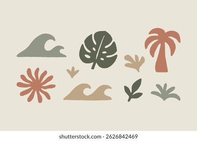 Tropical leaves waves sun silhouette naive cutout vector	