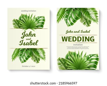 Tropical leaves wedding invitations. Gentle romantic cards with realistic exotic palm foliage, 3d banana and monstera green plants decoration, summer nature background, utter vector concept