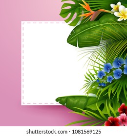 Tropical leaves with white frame paper for text on pink background