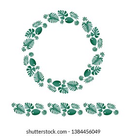 Tropical leaves wreath and horizontal border. Monstera, philodendron, palm leaf. Isolated on white. Green color. Vector illustration.