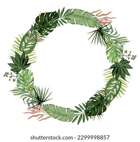 Tropical leaves wreath. Round natural backdrop with hand drawn exotic leaves, branches. Decorative frame, overlay. Botanical vector realistic illustration isolated on white background