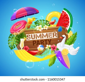 Tropical leisure composition with inflatable swimming objects yellow hammock flowers and cocktails blue background realistic vector illustration