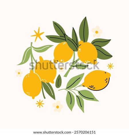 Tropical lemon fruits abstract composition. Cartoon illustration of fruit mix, harvest in hand drawn doodle retro style	
