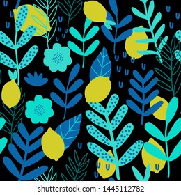 Tropical Lemon and Leaf Seamless Pattern. Hand Drawn Trendy Pattern Tropical vector pattern wallpaper. Tropical summer fruit card. Hand drawn tropical pattern.