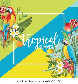 Tropical Lemon, Pomegranate Fruits, Flowers and Parrot Birds Summer Banner, Graphic Background, Exotic Floral Invitation, Flyer or Card. Modern Front Page in Vector