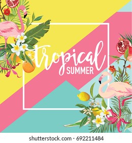 Tropical Lemon, Pomegranate Fruits, Flowers and Flamingo Birds Summer Banner, Graphic Background, Exotic Floral Invitation, Flyer or Card. Modern Front Page in Vector