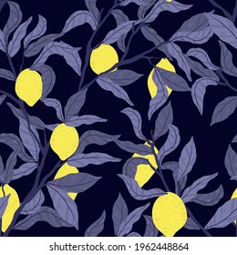 Tropical Lemon seamless pattern in hand drawn cartoon style on dark background. Tree branch with citrus fruits and leaves background in flat design. Elegant summer vector pattern.