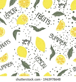 Tropical Lemon seamless pattern in hand drawn cartoon style. Citrus summer background in flat design. Cute bright summer vector pattern. 