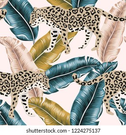 Tropical leopard animal, banana palm leaves, blush pink background. Vector seamless pattern. Graphic illustration. Exotic jungle plants. Summer beach floral design. Paradise nature