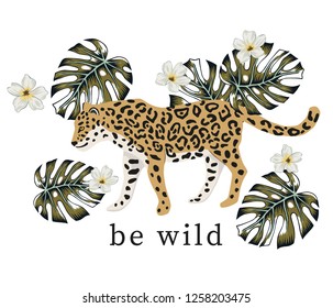 Tropical leopard animal, green monstera leaves, white background. Be Wild print for tee shirt template, poster, card. Vector graphic illustration. Exotic jungle. Summer beach design. Paradise nature