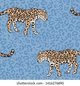 Tropical leopard animal, jaguar skin blue background. Vector seamless pattern. Graphic illustration. Exotic jungle. Summer beach design. Paradise nature