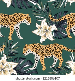 Tropical leopard animal, lily flowers, palm leaves, dark green background. Vector seamless pattern. Graphic illustration. Exotic jungle plants. Summer beach floral design. Paradise nature