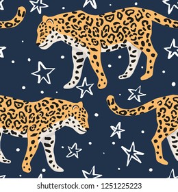 Tropical leopard animal, night stars, dark blue background. Vector seamless pattern. Graphic illustration. Exotic jungle. Cosmic design. Paradise nature