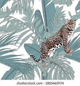 Tropical leopard animal, palm leaves, white background. Seamless pattern. Graphic illustration. Exotic jungle plants. Summer beach vintage  floral design. 