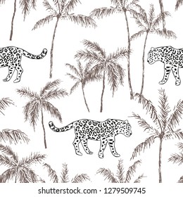 Tropical leopard animal, palm trees silhouette, white background. Vector seamless pattern. Graphic illustration. Exotic jungle. Summer beach design. Paradise nature