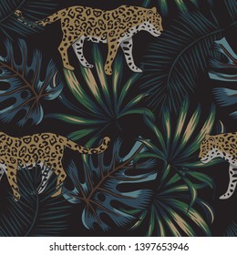 Tropical leopard animals, monstera palm leaves, black night background. Vector seamless pattern. Jungle illustration. Exotic summer beach design. Paradise nature