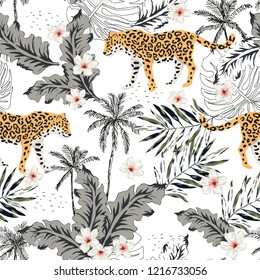 Tropical leopard animals, plumeria flowers, palm leaves, trees, white background. Vector seamless pattern. Graphic illustration. Summer beach floral design. Exotic jungle plants. Paradise nature