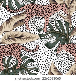Tropical leopard, banana, monstera palm leaves, cheetah animal print background. Vector seamless pattern. Graphic illustration. Exotic jungle plants. Summer beach floral design. Paradise nature