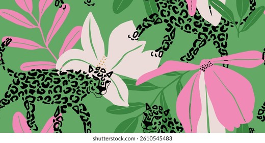 Tropical Leopard Floral Seamless Pattern