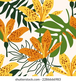Tropical leopard flowers modern art future abstract and artistic palm leaves on white background. Seamless botanical pattern for fashion fabrics. Vector.
